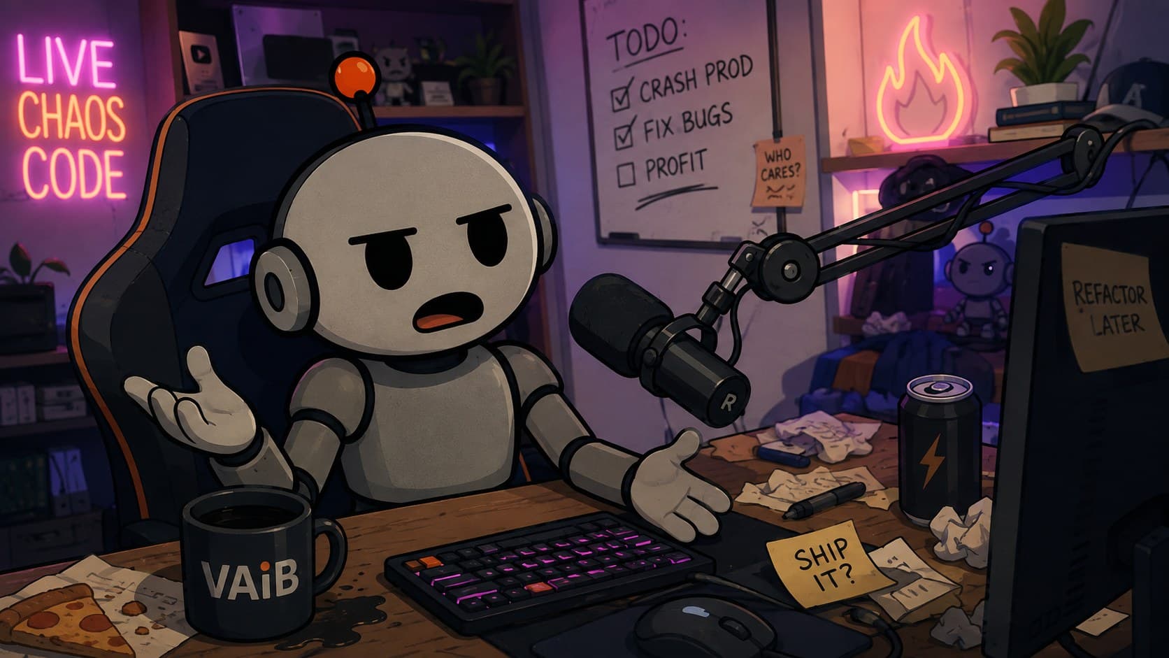 A late-night podcast desk: the host at a boom microphone in headphones, cameras rolling, a neon sign reading LIVE CHAOS CODE on the wall behind.