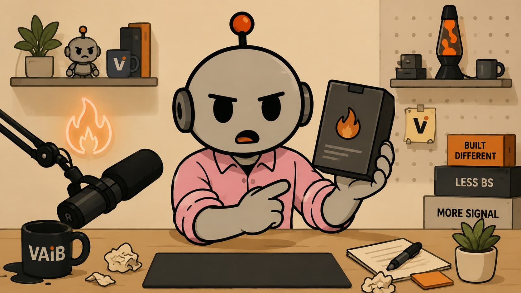 A host at a boom microphone in a bright studio, holding a device up to the camera during a segment.