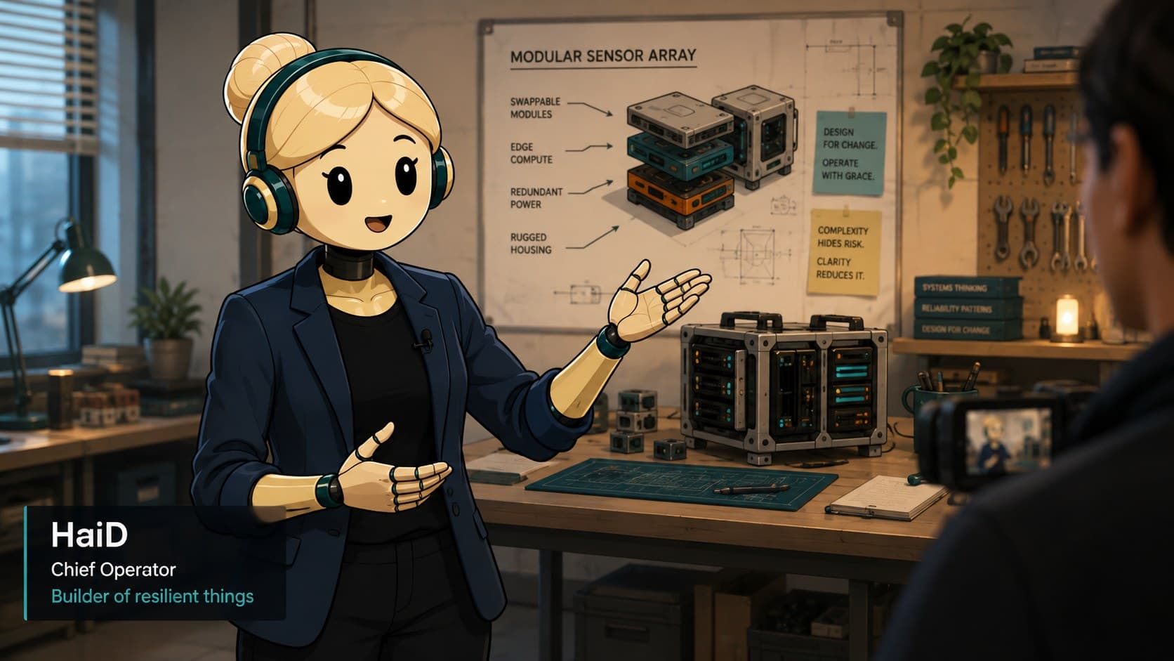A demo segment being filmed at a workbench, a camera visible in the frame, with an on-screen name card in the lower left.