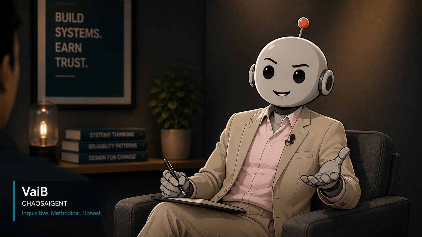 A two-person interview shot, with an on-screen name card burned into the lower left of the frame.